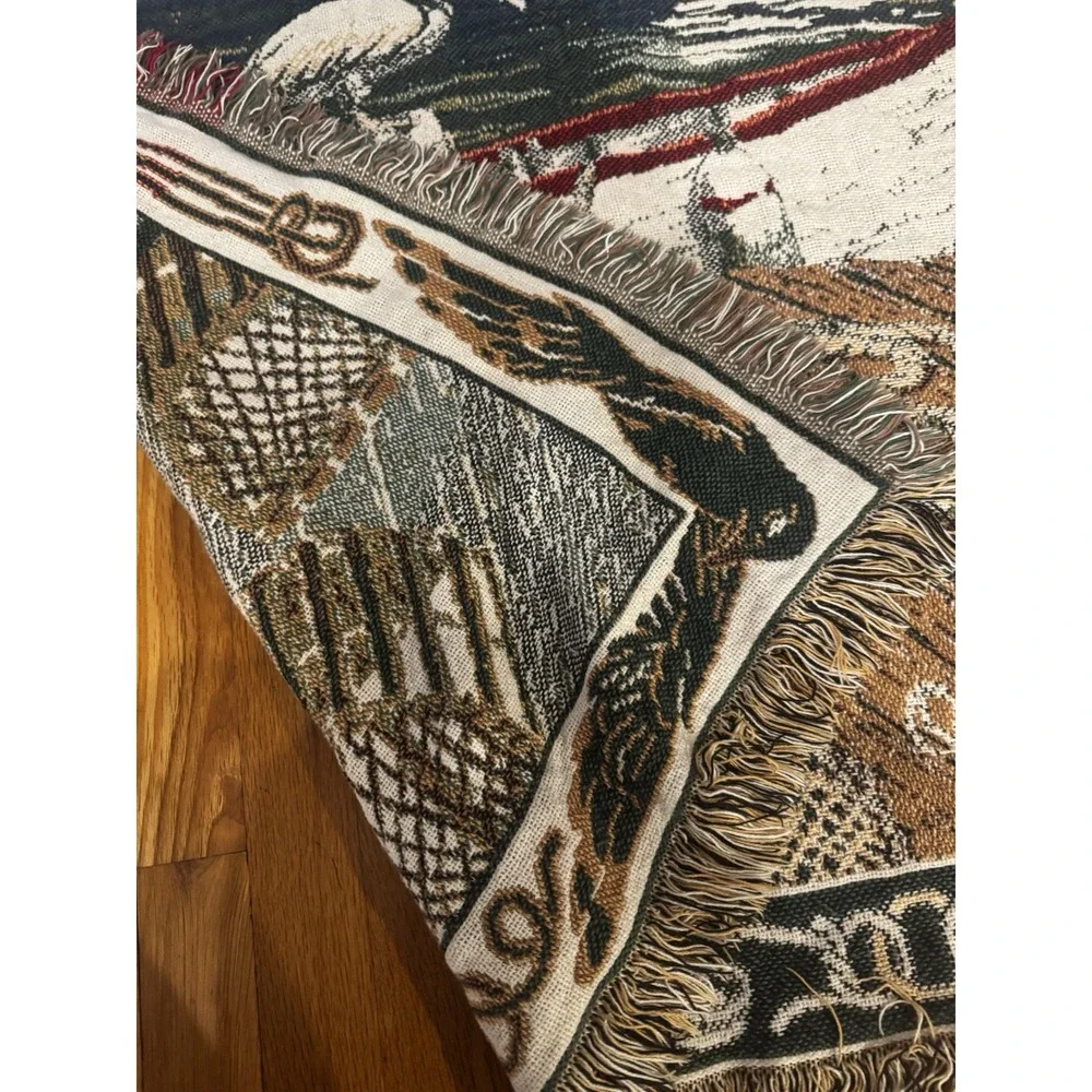 Vintage Tapestry Lake‎ Sailboat Birds Harbor Fringe Lap Blanket Throw Outdoors